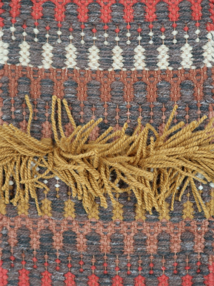 <p>Folk Zig Zag striped with Rya, main brown 6005, 17, CH7878, inside 1) 8153, 8154; 2) 6002, 6008; 3) CH018; 4) 6023; 5) 6008; 6) 6002; 7) 03, Rya in mustard CH018 on the brown yarn</p>