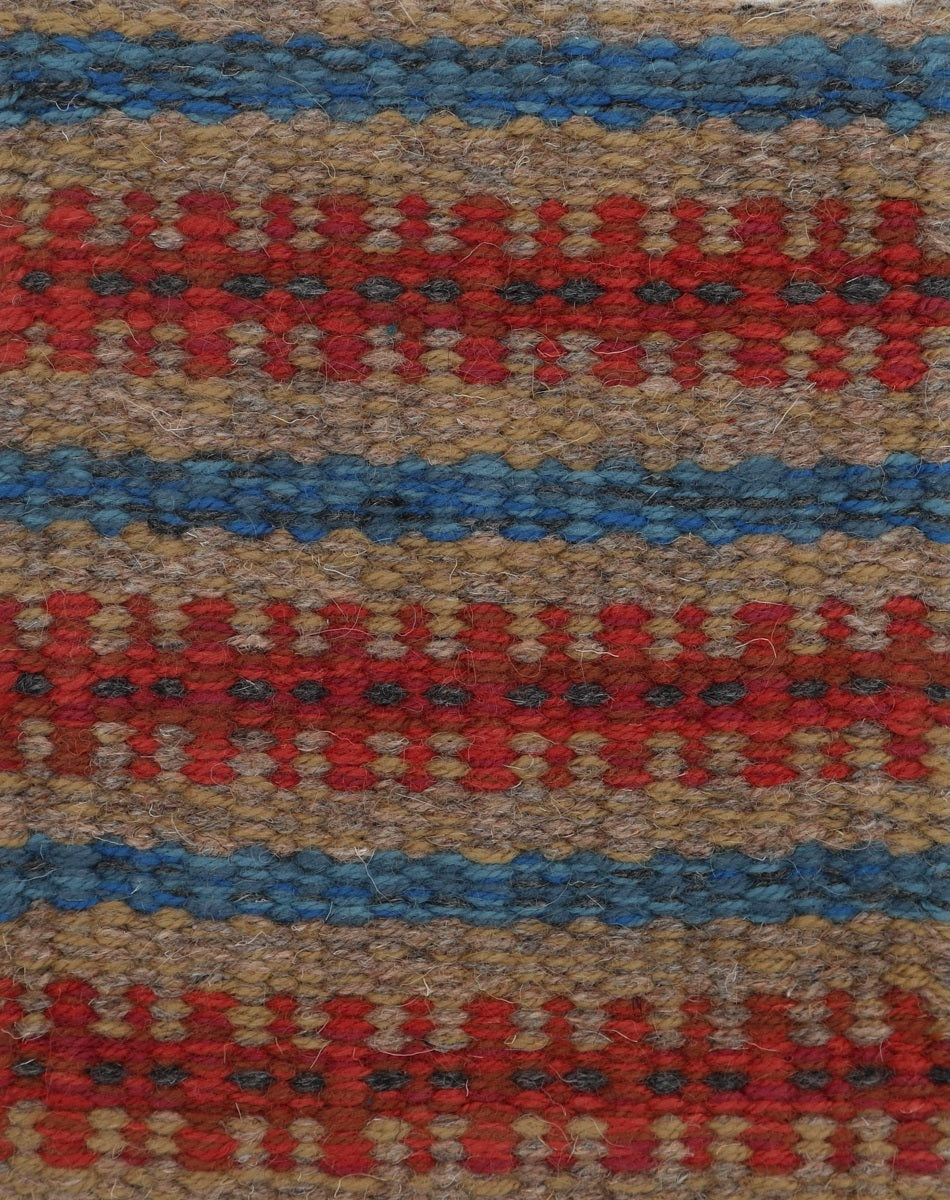 <p>Bespoke Irregular String Striped, base brown 11, 02, 6004, pattern red 8153, 8154, 6037, 6002, dots grey 05, stripe blue 5021, 5004, 8603, 05 on the natural yarn</p>