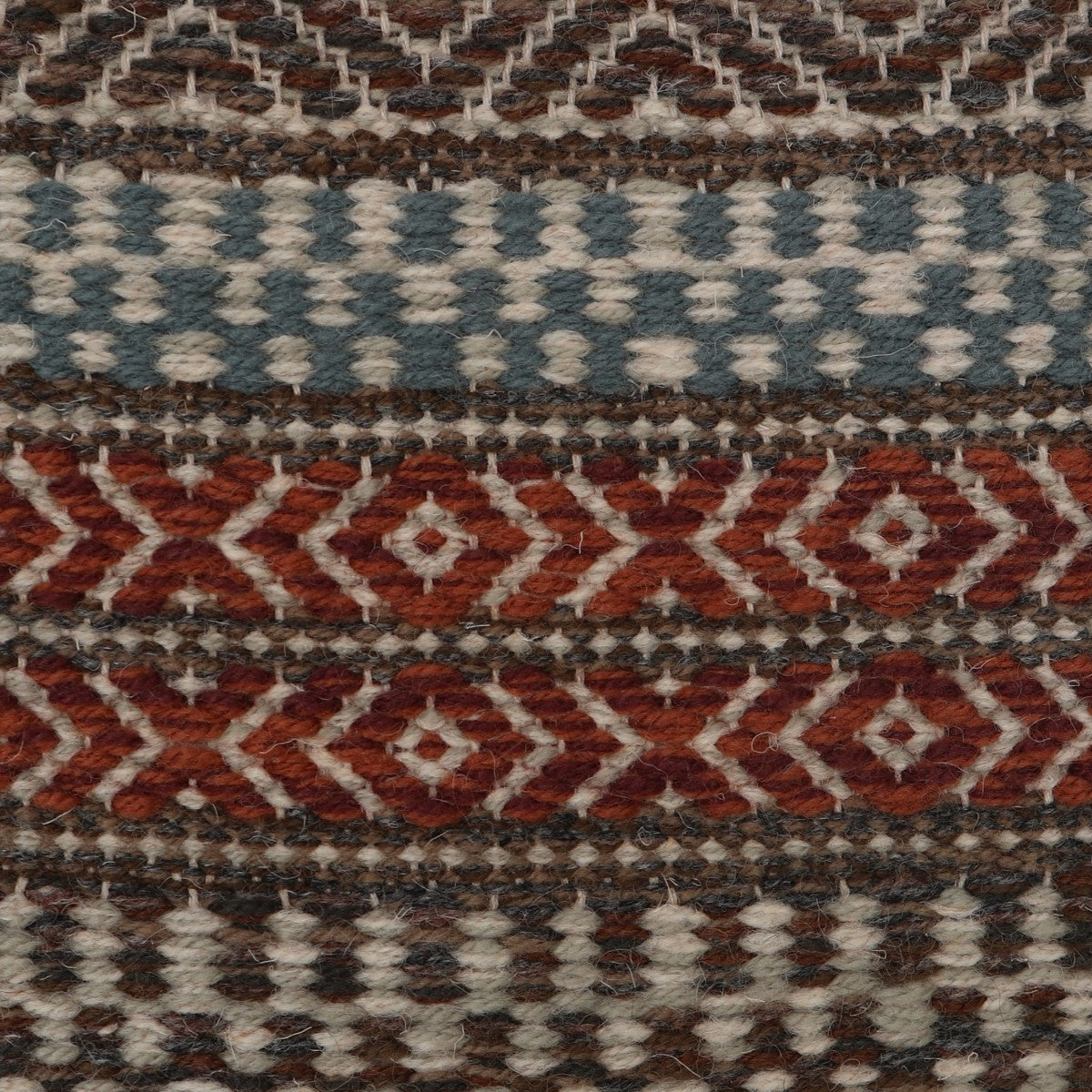 <p>Country Rug (Diamond Twill), main dark brown 17, 05, 6017, CH4326, CH7878, CH4225, inside light grey 12, 1011, stripe a) blue 262, inside light grey 12, 1011, b) mix of CH5226, 6002 on the natural yarn</p>