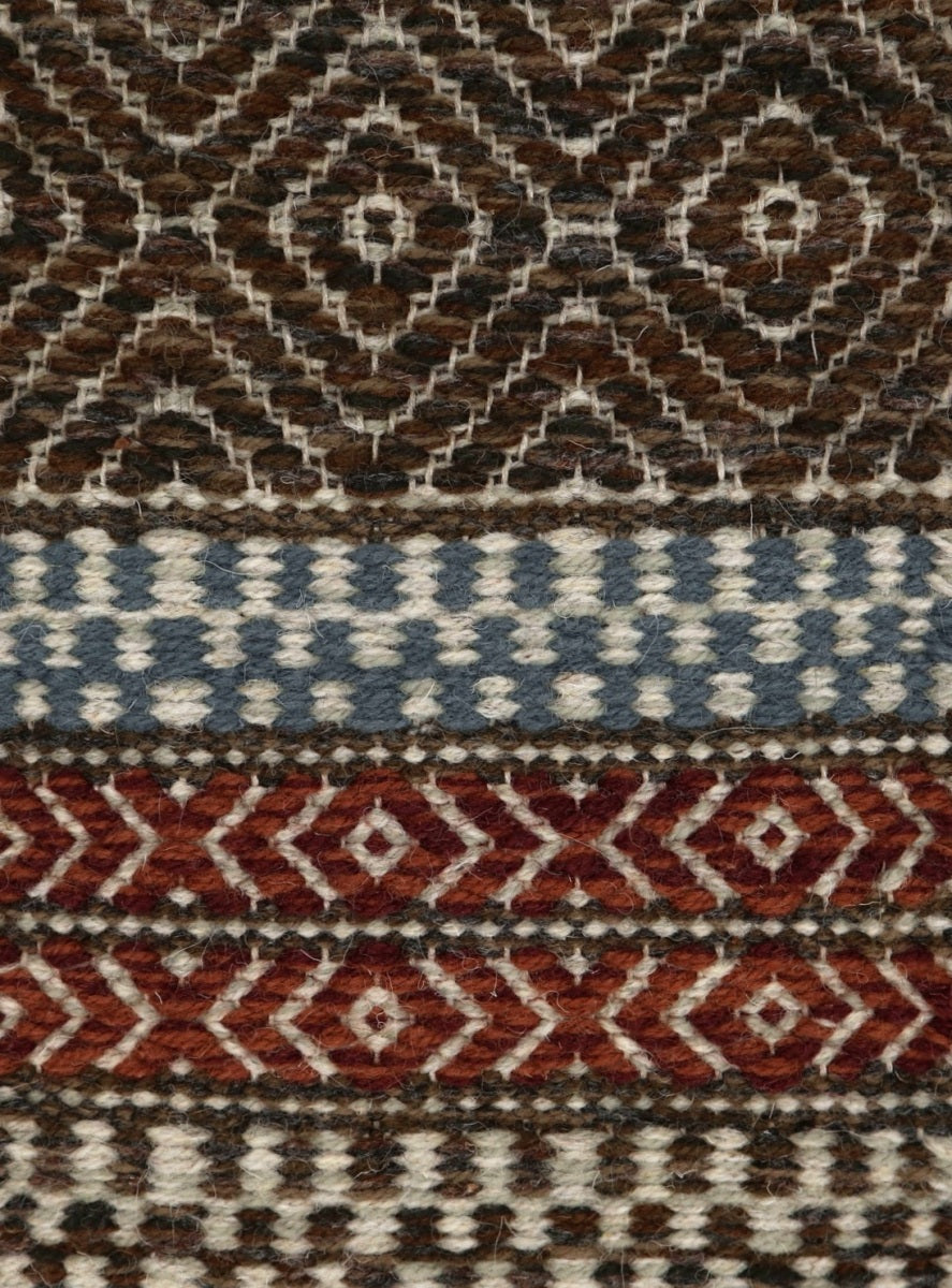 <p>Country Rug (Diamond Twill), main dark brown 17, 05, 6017, CH4326, CH7878, CH4225, inside light grey 12, 1011, stripe a) blue 262, inside light grey 12, 1011, b) mix of CH5226, 6002,  inside light grey 12, 1011, on the natural yarn</p>