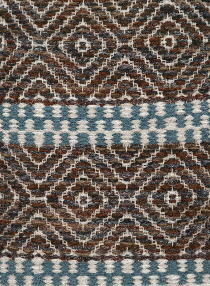 <p>Country Rug, main dark brown 17, 05, 6117, CH4326, CH4225, CH7878, inside light grey 12, ST1011, stripe A - blue 262, inside light grey 12, ST1011 on the natural yarn</p>