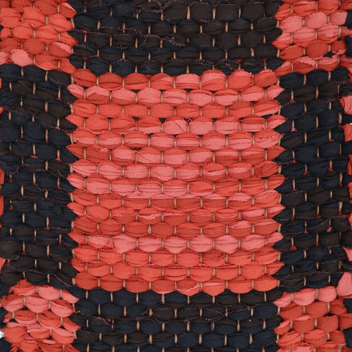 <p>Double Weave Chequered, sq 1 terracotta mix 376, 377, 375, sq 2 black-brown mix 162, 163 on the brown yarn</p>