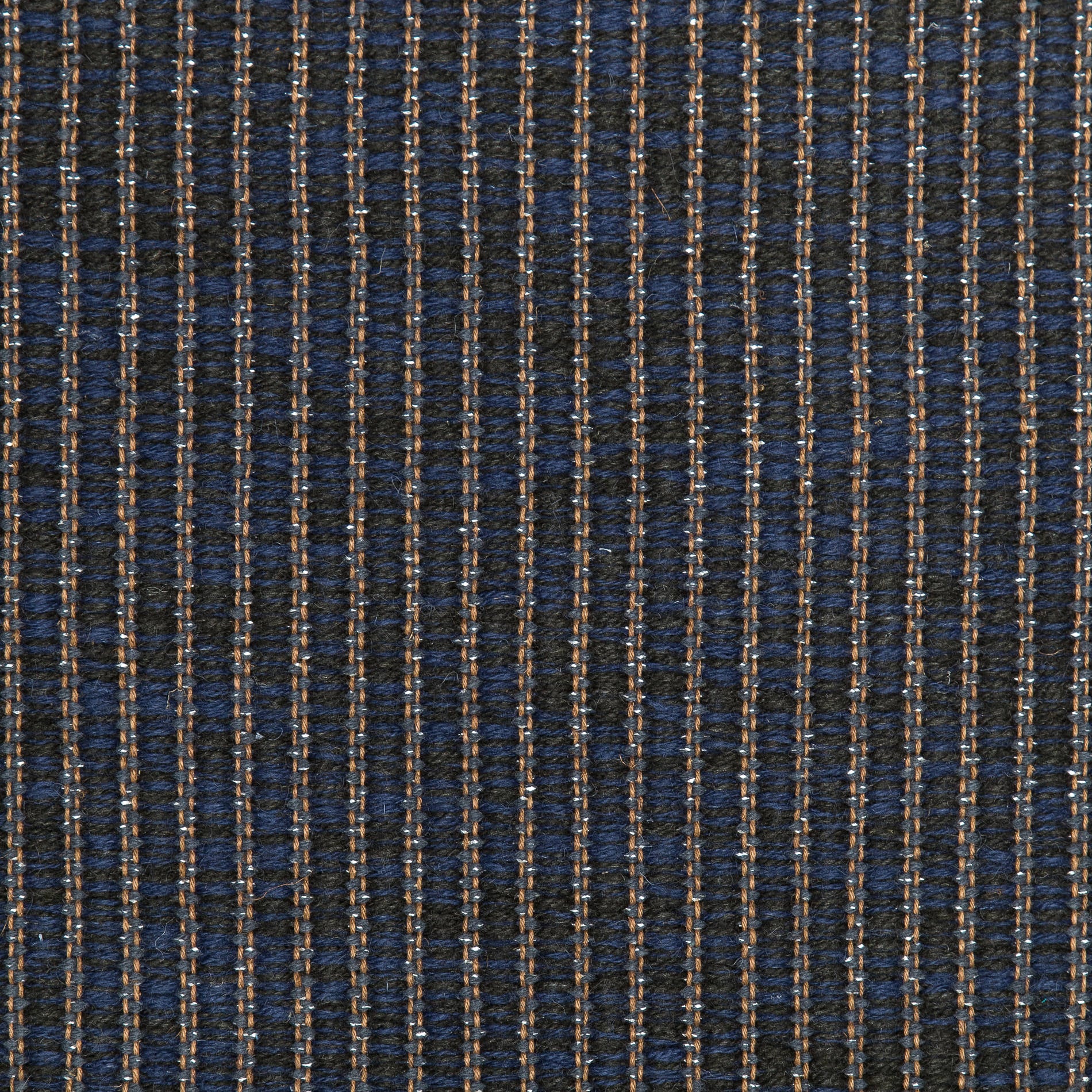 <p>Fields, main dark blue mix CH7878, 5027, inside blue 504, 504 with silver metallic effects on the brown yarn</p>