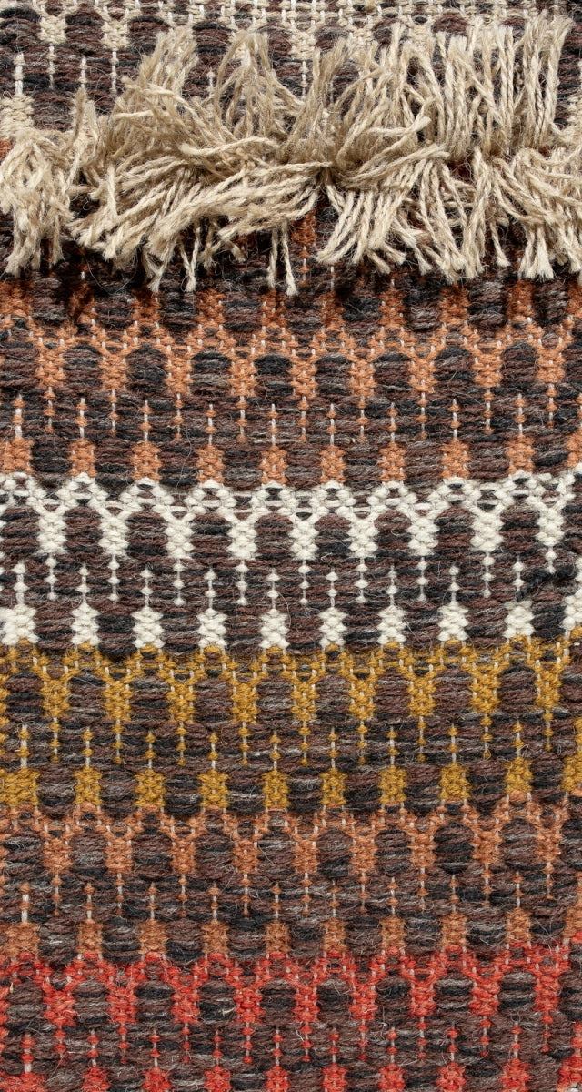 <p>Folk Zig Zag Striped with Rya, main brown mix 6005 (80%), 17, CH7878 (20%), inside 1) mix 8153, 8154, 2) mix 6002, 6008, 3) CH018, 4) 6023, 5) 6008, 6) 6002, Rya 03, 7) 03 on the natural yarn</p>