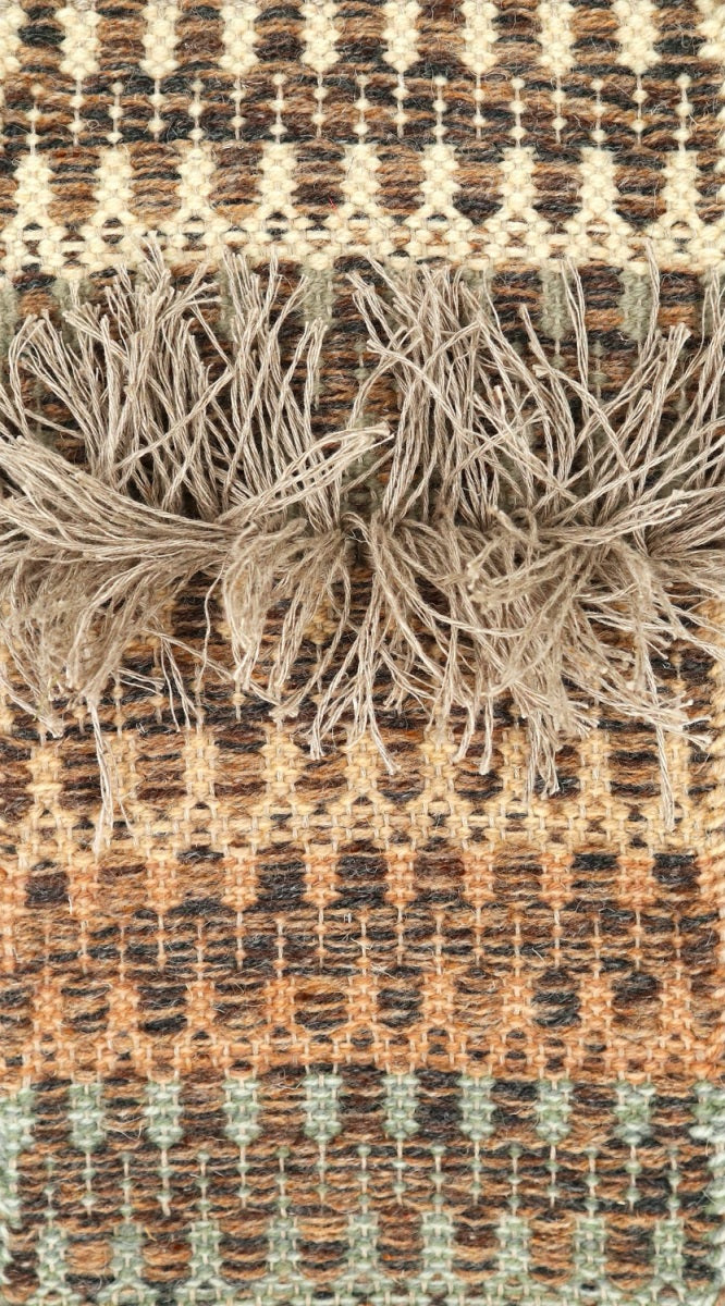 <p>Folk Zig Zag Striped with Rya, main brown 02 (70%), 17 (15%), 05 (15%); inside 1) cream mix 6023, 07, 2) sage green 1011, 3) beige mix 03, 6040, 6039, 4) light terracotta mix 6041, 6026, 6001, 5) light olive mix 1025, CH033, 062; Rya in natural linen on the natural yarn</p>