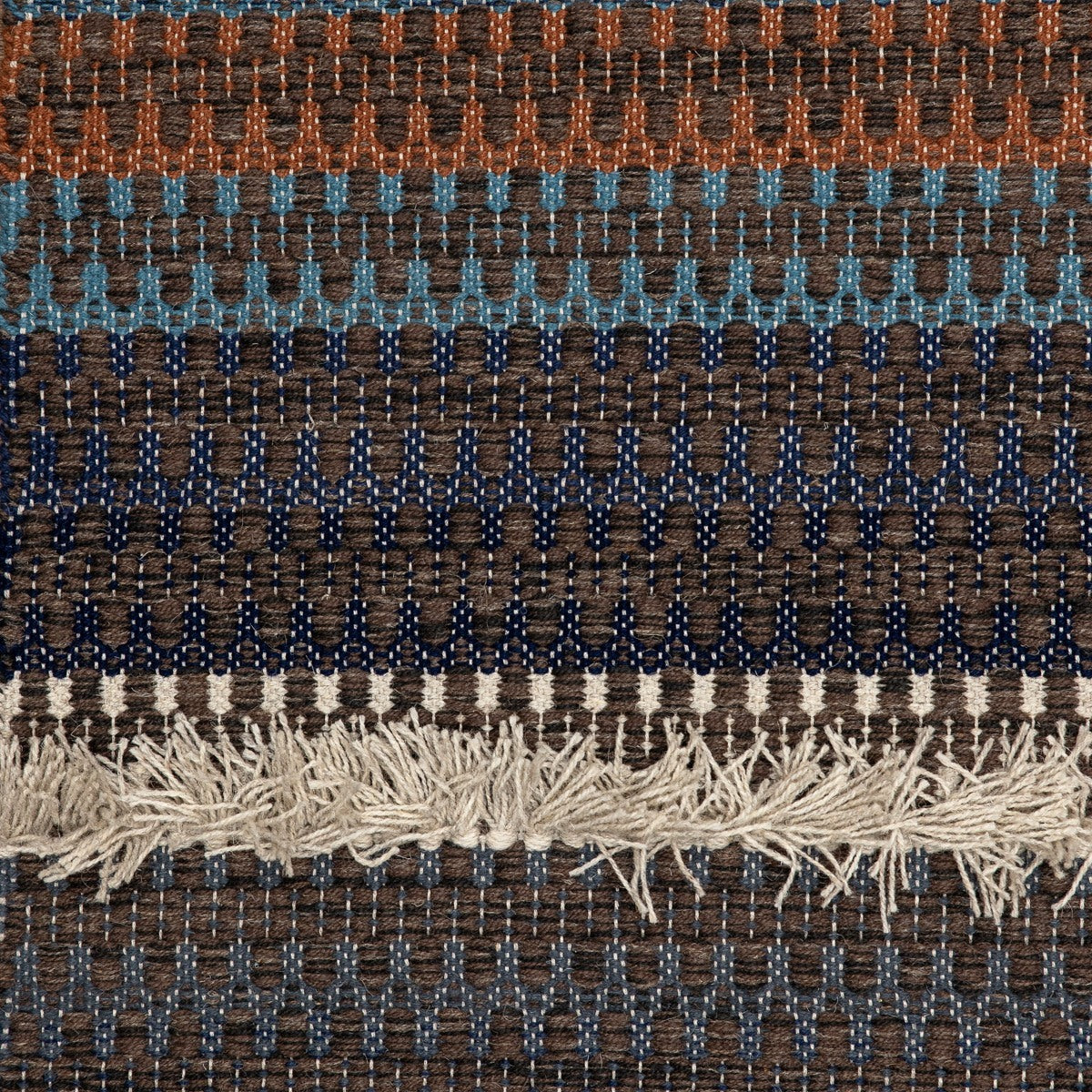 <p>Folk Zig Zag with Rya, main brown 6005, 17, CH7878, inside 1) 504, 5027, 2) 8008, 5027, 3) 6002, 4) 8008, 8015, 5) 5027, 6) ch014, 7 ) 12, Rya 12,  8) 504 on the natural yarn</p>