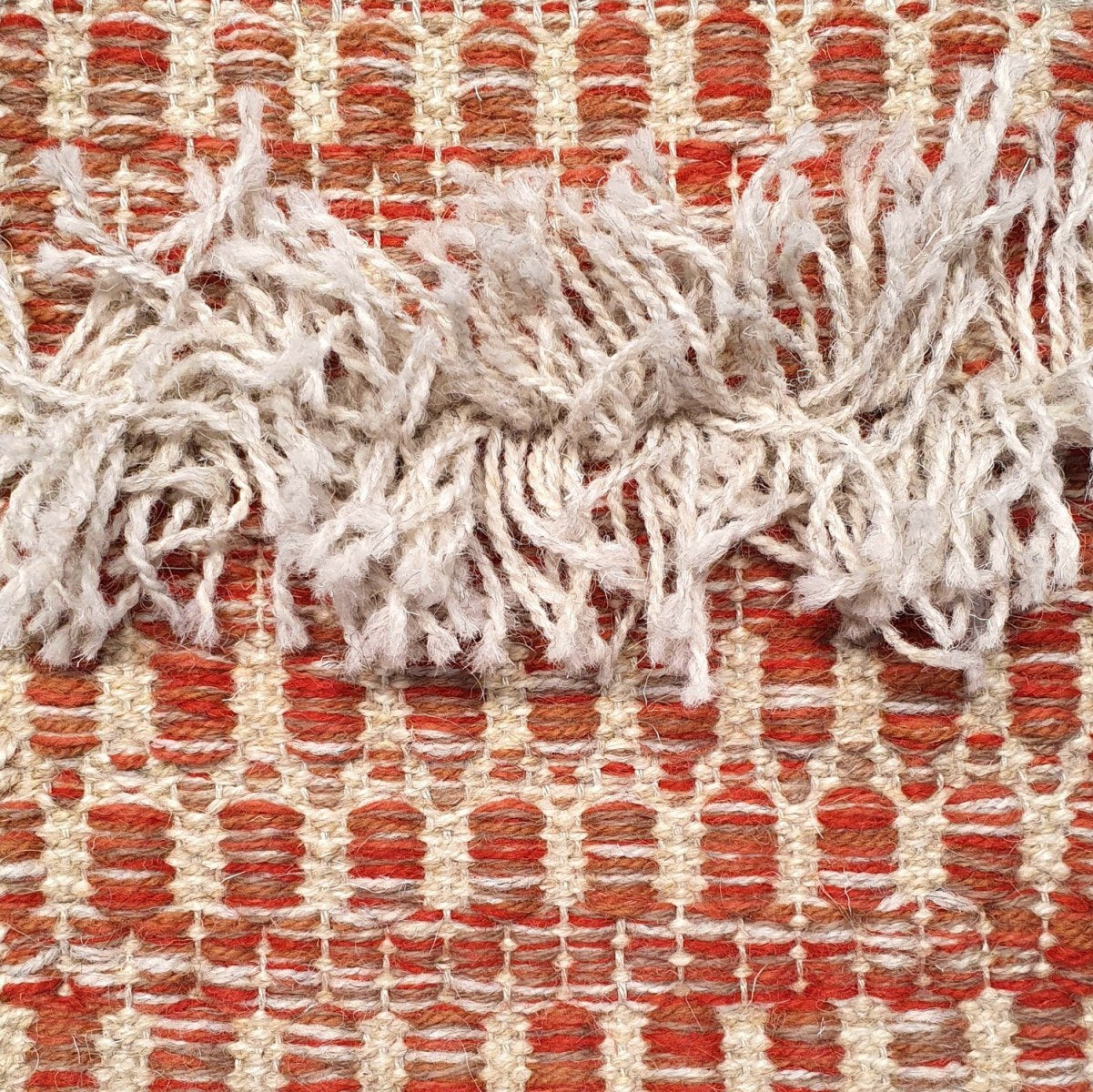 <p>Folk Zig Zag with Rya, main terracotta mix 8153, 8154, 6013, 6008, 12, inside  cream mix 6023, 03, Rya in 12 on the natural yarn</p>