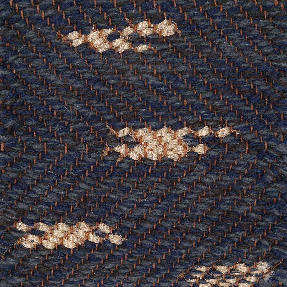 <p>Herringbone, dark blue mix 5027, 6020, 504, eff in Gold Brocade on the brown yarn</p>
