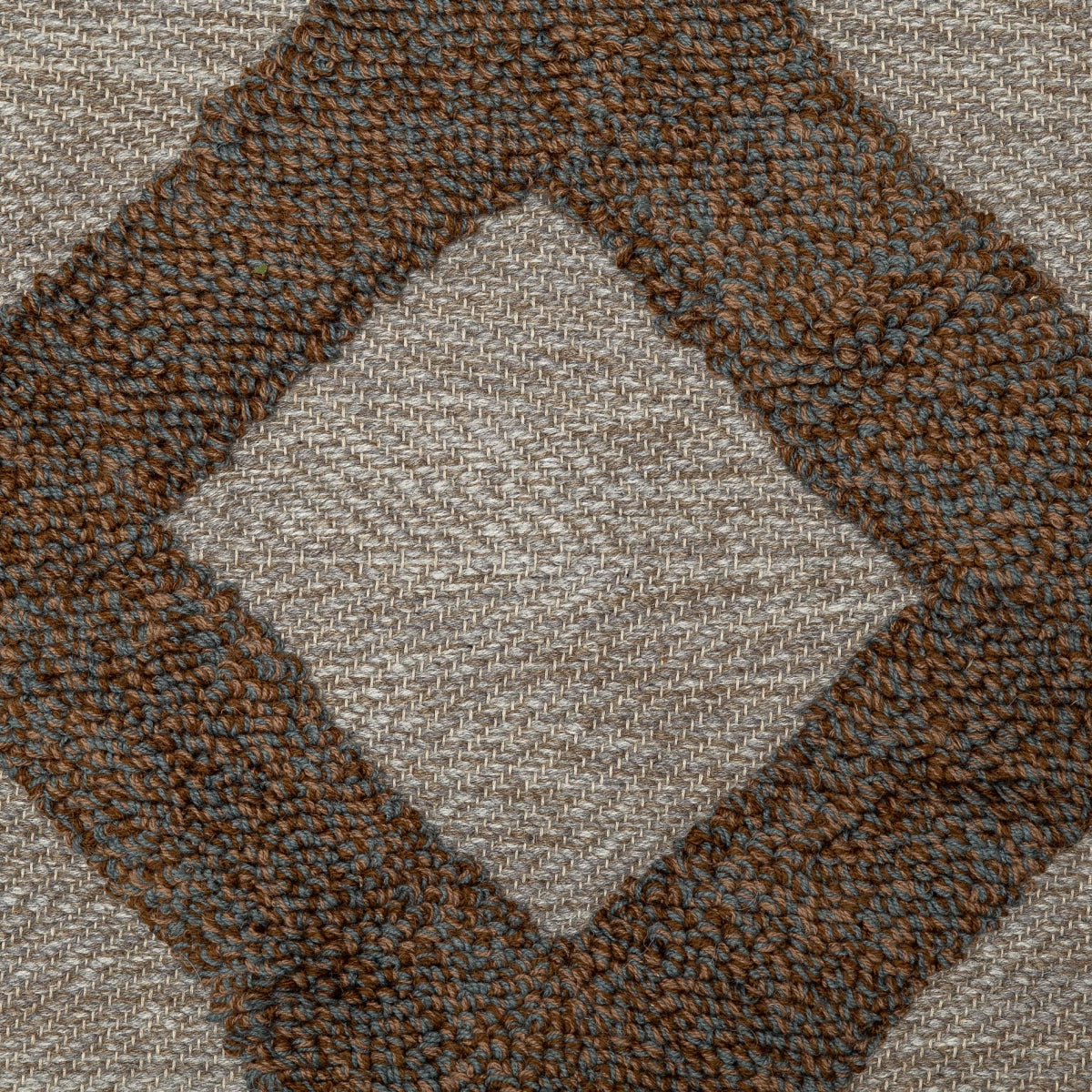 <p>Herringbone with Boucle (irregular Diamonds), base grey mix 04, 08, 11, Boucle in brown mix 6017, CH4225, CH3424 on the natural yarn</p>