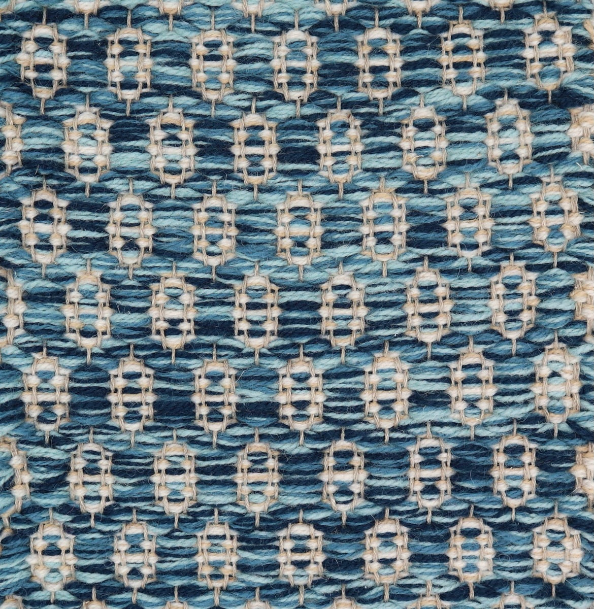 <p>Honeycombs, main blue mix 5021, 5027, 5012; inside cream mix 19, 1023 on the natural yarn</p>