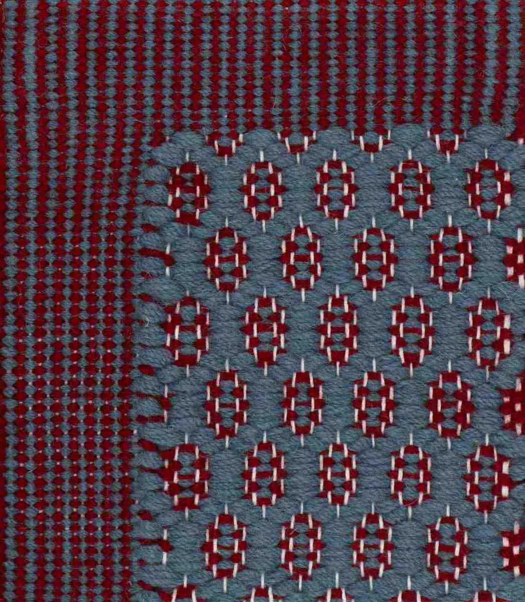<p>Honeycombs with Single Weave Frame (Striped), main blue 8602, inside red 3015 on the white yarn</p>