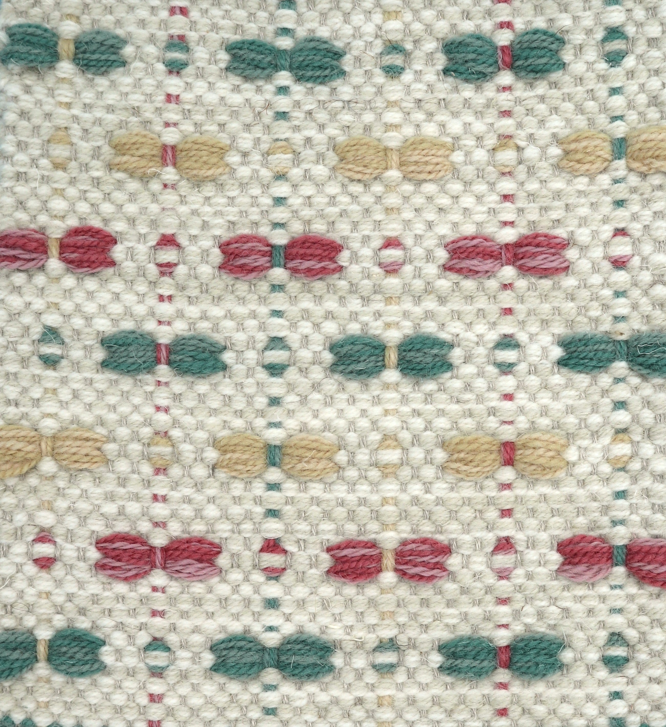 <p>Single Weave with Bows, base 6023(x3), CH044(x3), bows in pink mix 3010, CH1212, bows in aqua mix 8235, 8200, bows in yellow mix 6039, 6003, warp - natural linen</p>