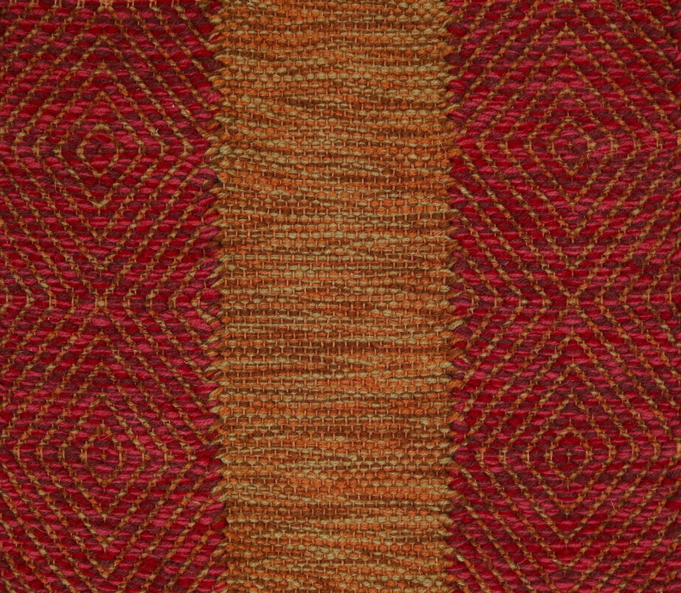 <p>Milano Red Panels, Vertical Stripes in Big Dual Diamond Twill, base terracotta brown 8124, 8132, 8197; main red mix CH5226, 3015, 6037 on the brown yarn</p>