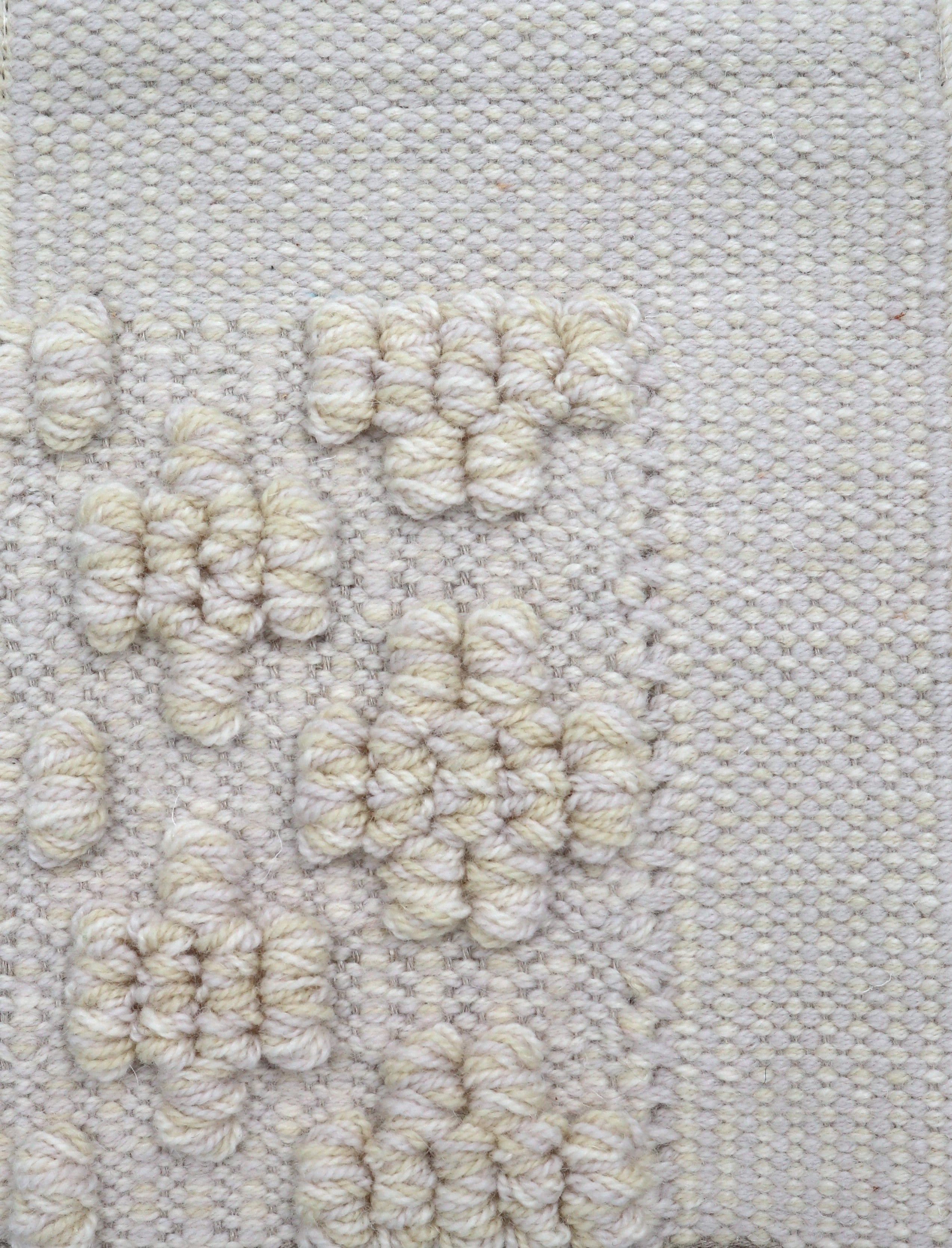 <p>Mini Flower in Bouclé with Single Weave Striped Frame, base in cream 1023, CH044, boucle in cream mix 1023, CH044, 6023, Single Weave Striped Frame in 1) white 1023, 2) cream CH044, 6023, warp natural</p>
<p>maximum amount of threads in base - 2 threads</p>