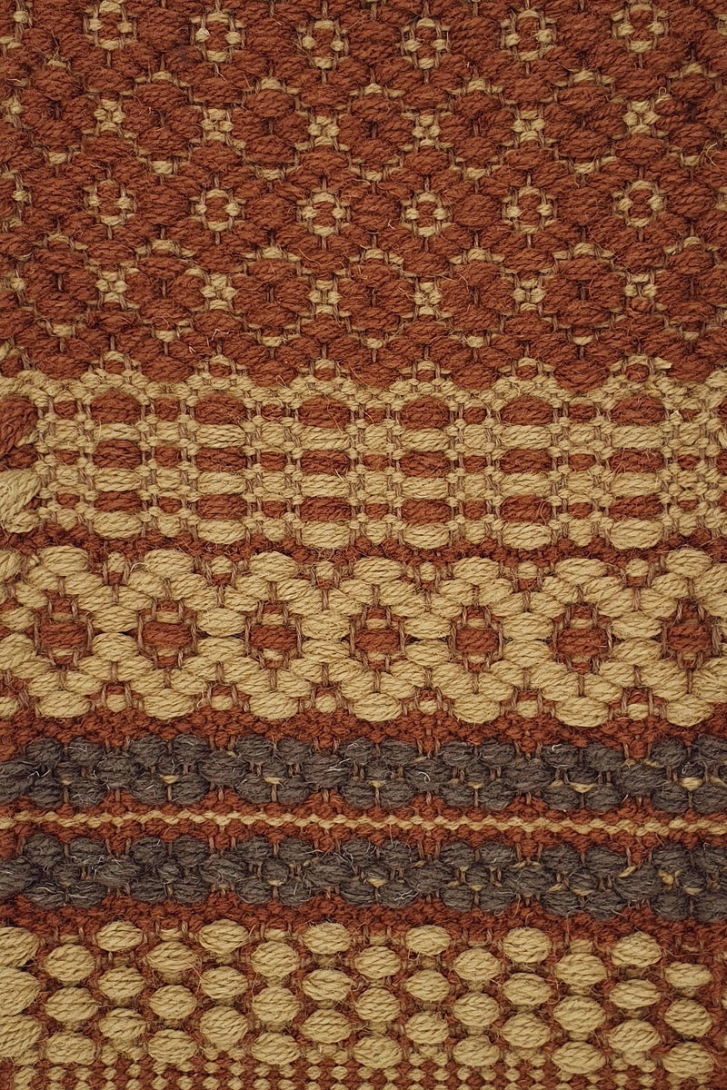 <p>Mountain Fantasy, main brown 6002, inside mustard 6004, section in grey 6017 on the brown yarn</p>