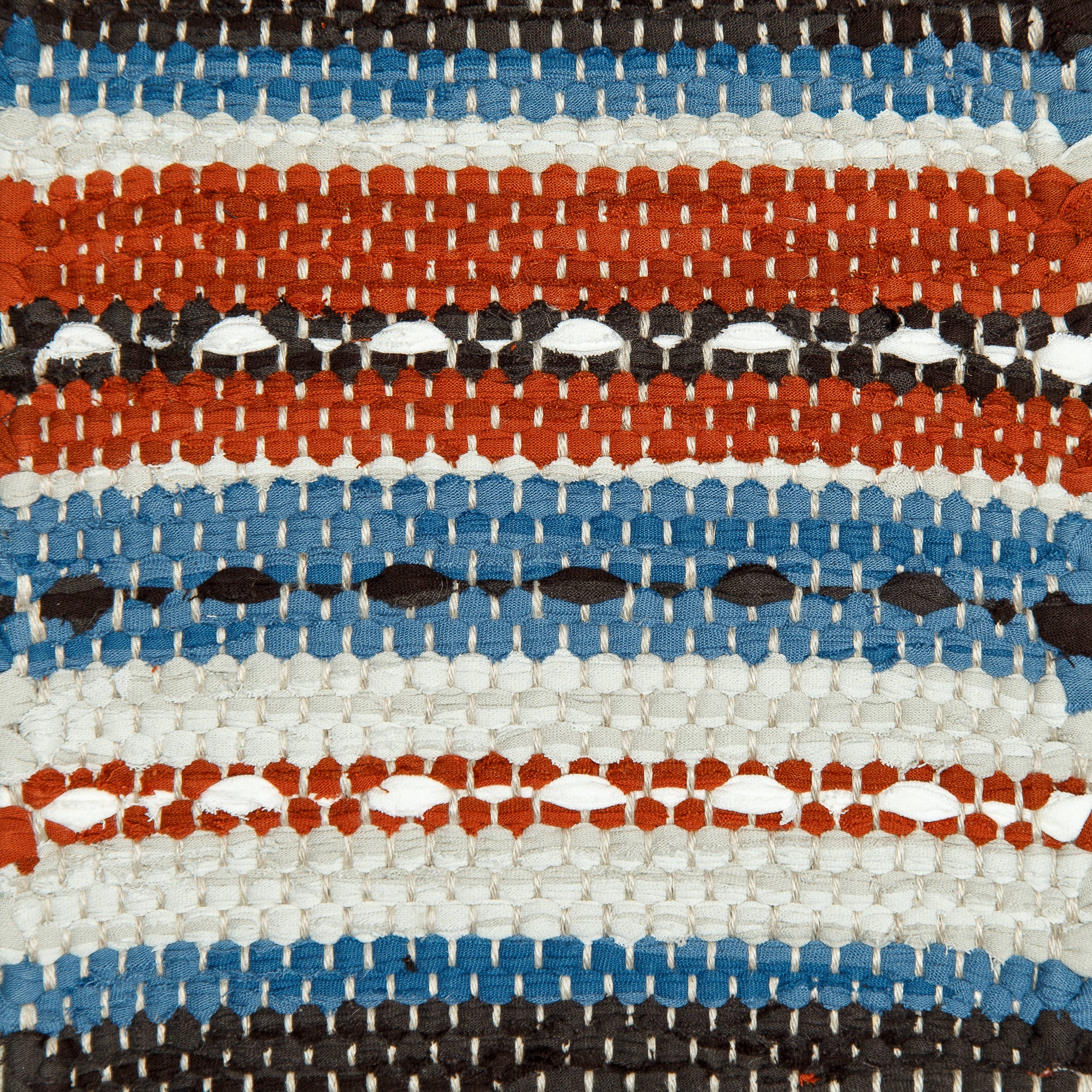 <p>Single Weave Striped, black mix 228, 162, blue mix 157, 519, light grey mix 150, 151, terracotta mix 376, 377, Stitches in white 101 and black mix 228, 162 on the natural yarn</p>