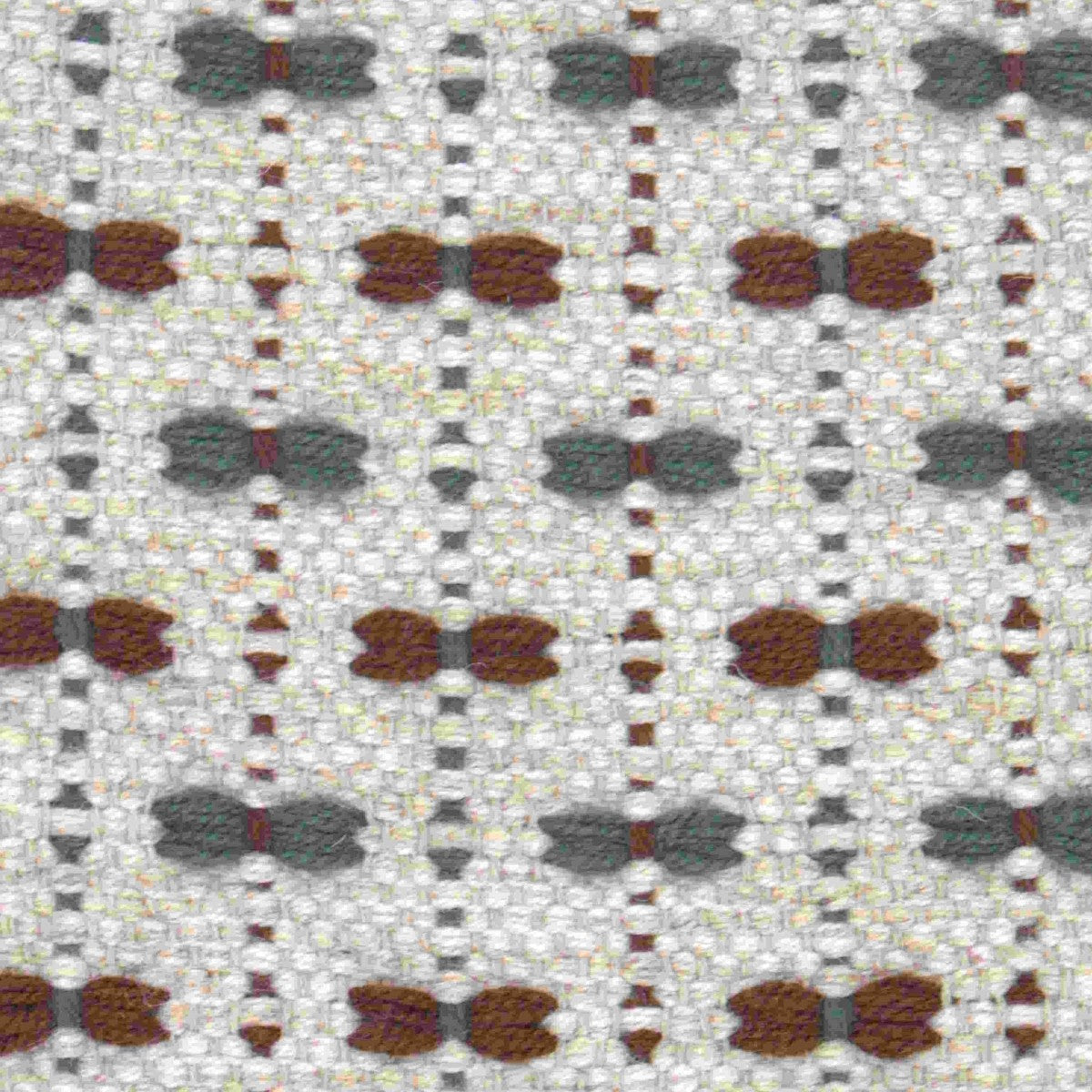 <p>Single Weave with Bows, base in light grey mix 12, 1023, bows in storm blue 262, brown CH4225 on the natural yarn</p>