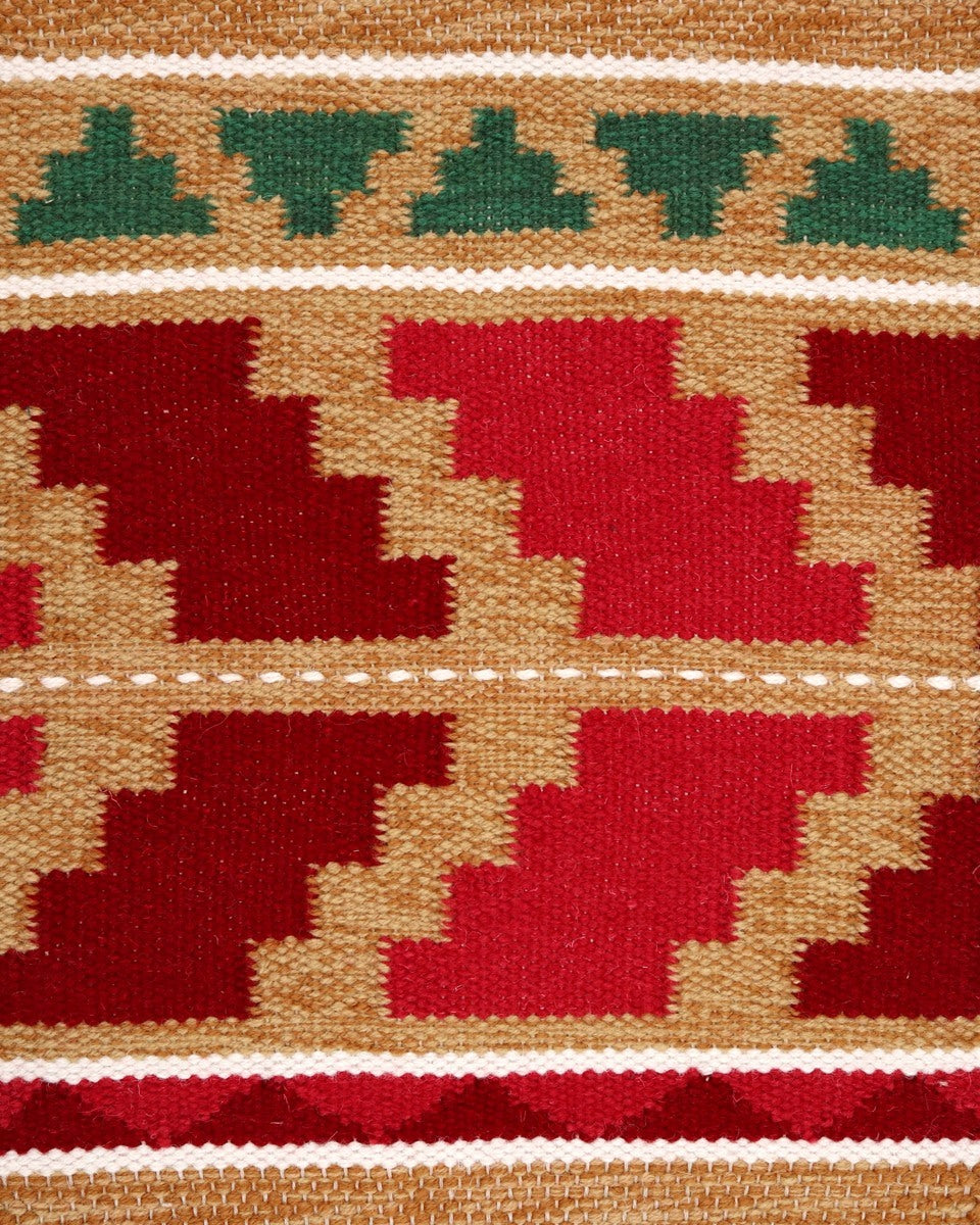 <p>Single Weave with Ornament. Base Ochre 6004. CH018, White stripe 1023, Dark red 3015, Red 3011, Green 4007, 4011 on the natural yarn</p>