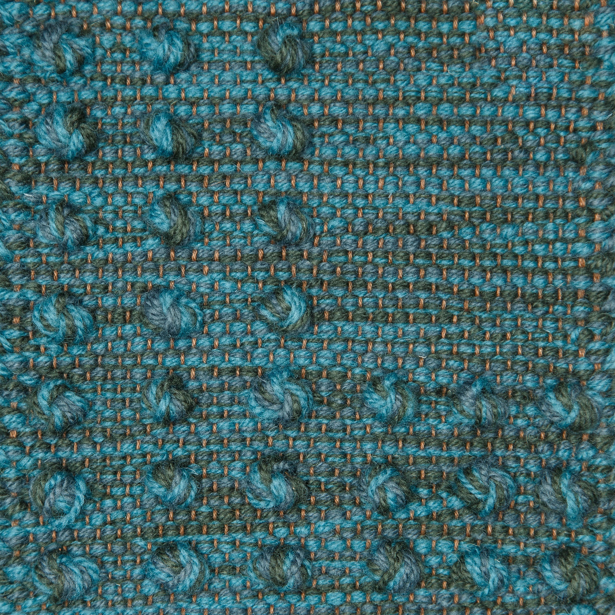 <p>Single Weave with Pearls, blue-green mix CH017, CH050, CH3424 on the brown yarn</p>