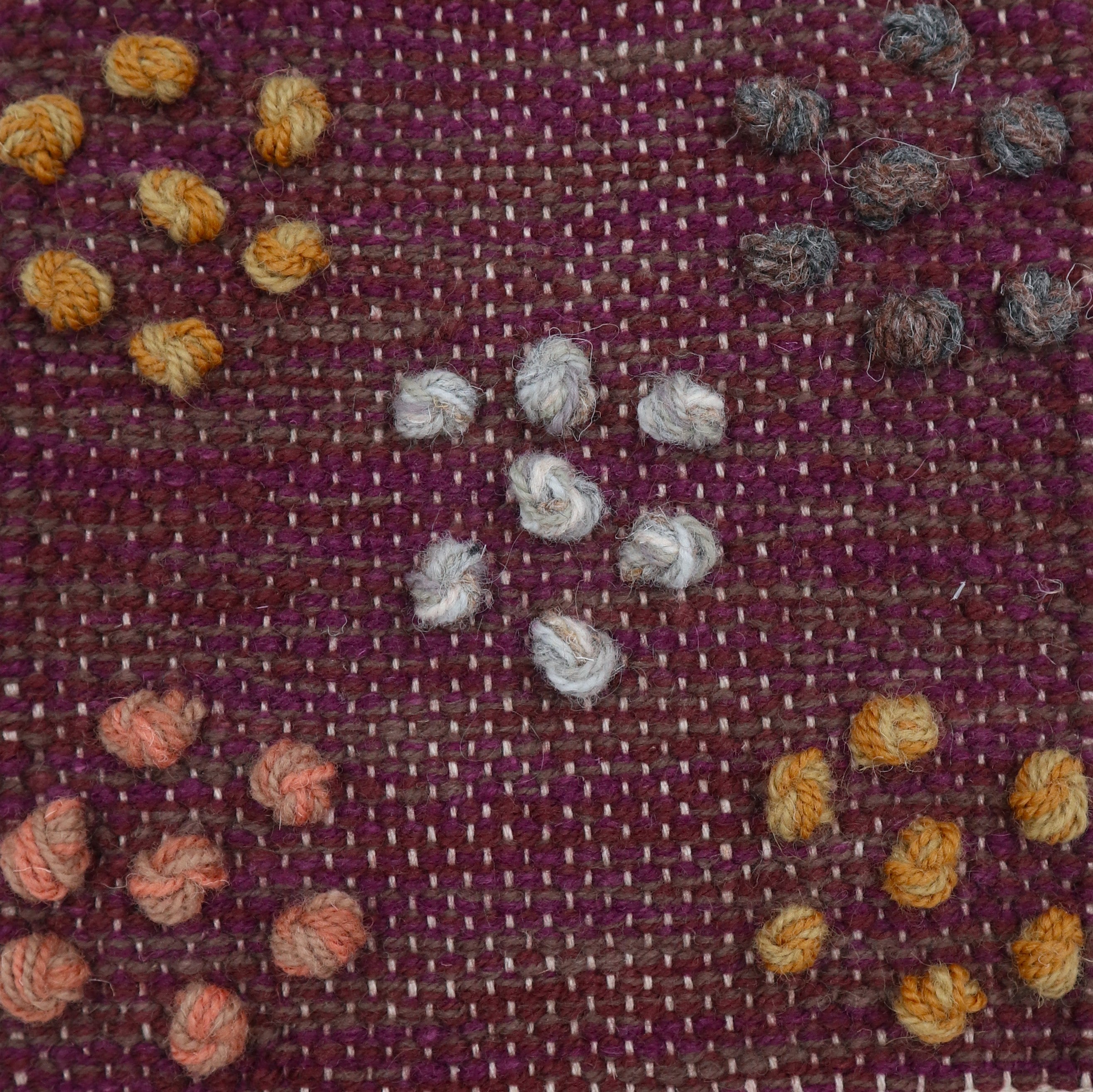 <p><meta charset="UTF-8"><a id="fancybox-right"></a><span id="fancybox-right-ico" class="fancy-ico"></span></p>
<div class="fancybox-title-inside" id="fancybox-title">
<meta charset="UTF-8">
<p>Single Weave with Flower Pearls - single weave aubergine mix CH5226, 8036, 6005,. Pearls 1) mustard mix 6004, CH018. Pearls 2) dark brown mix 05, 17. Pearls 3) light grey mix 12, 04, 11, 1002, 1009, 1011, 1003. Pearls 4) brown mix 8119, 6008, 6010. Warp: natural</p>
<br>
</div>