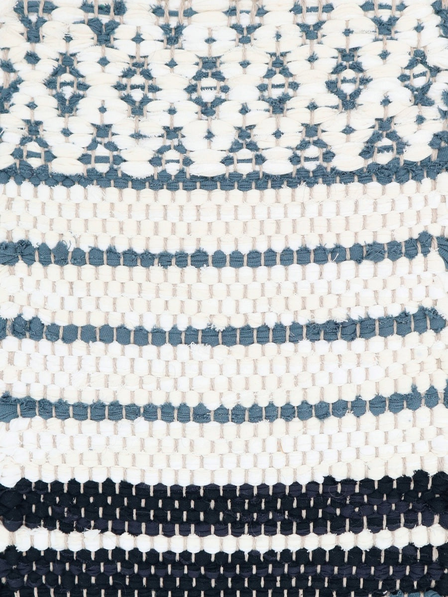 <p>Ukrainian Flower and Single Weave Striped, main white mix 101, 102, ins blue 169, stripes in blue 169 and black mix 163, 539 on the natural yarn</p>
