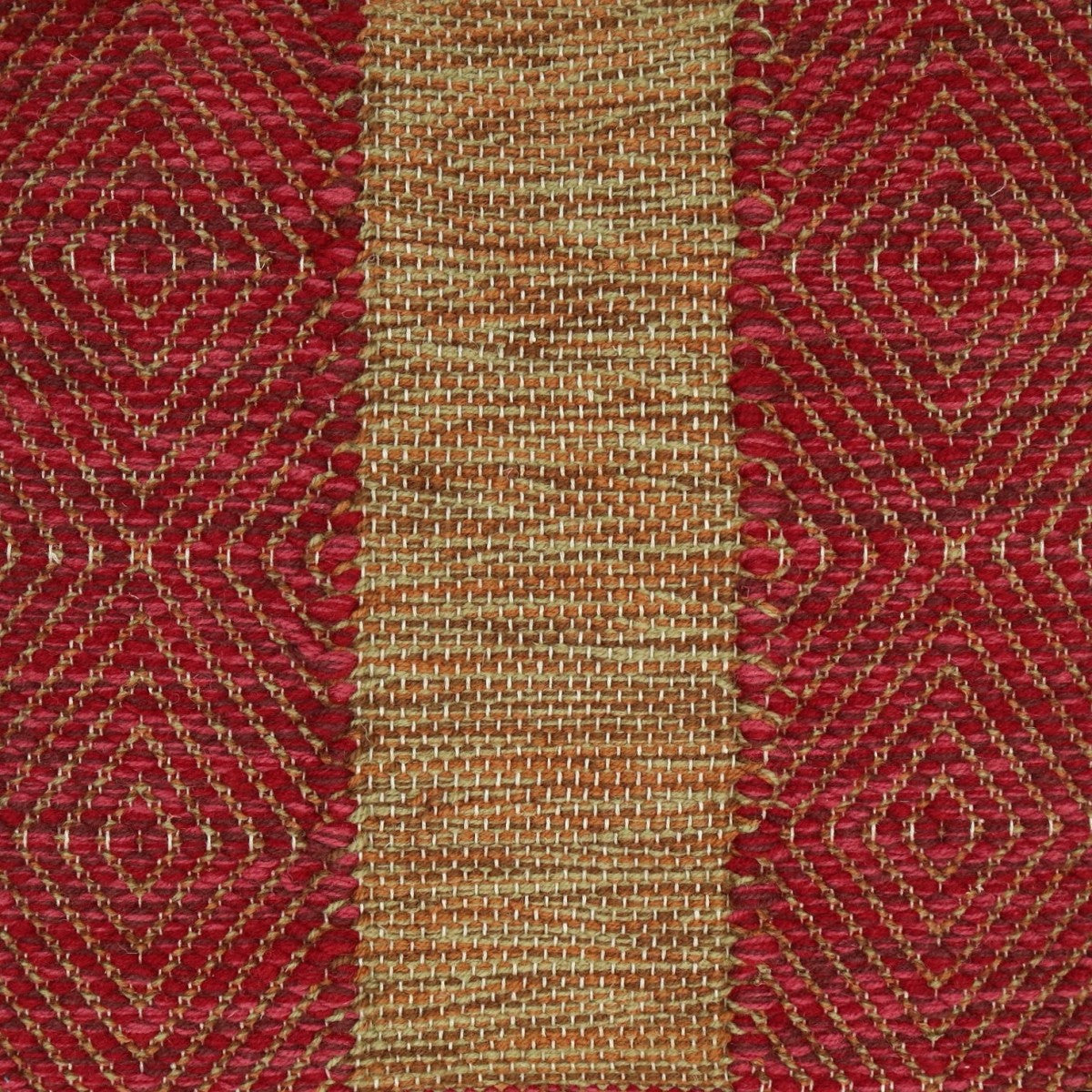 <p>Milano Red Panels, Vertical Stripes in Big Dual Diamond Twill, base terracotta brown 8124, 8132, 8197, main red CH5226, 3015, 6037 on the natural yarn</p>