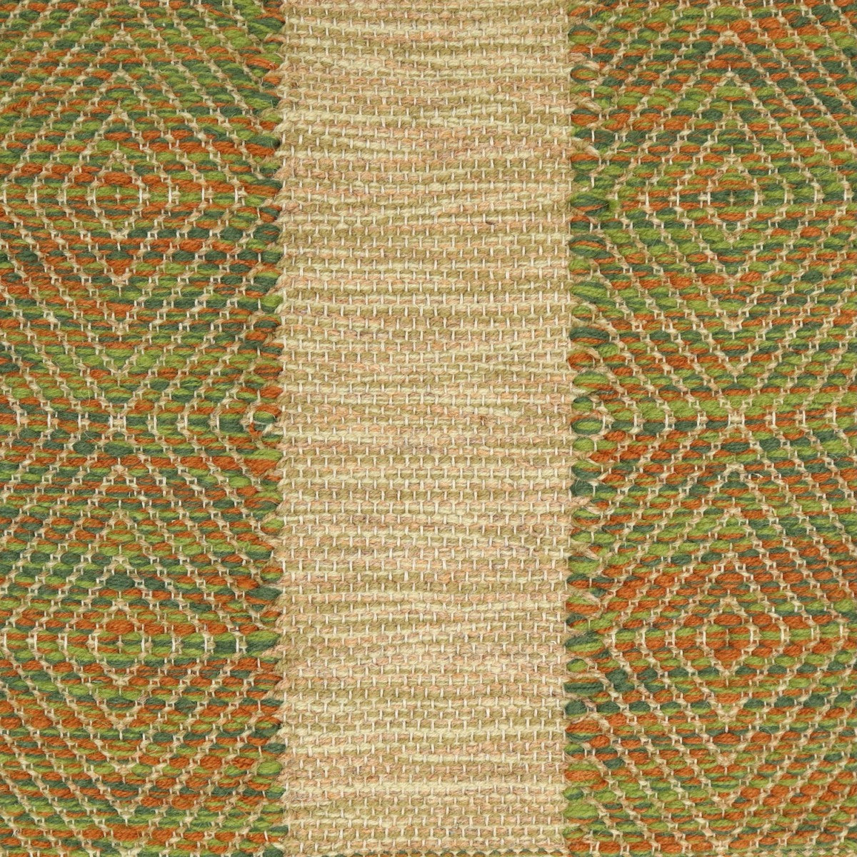 <p>Milano Olive Panels, Vertical Stripes in Big Dual Diamond Twill, base olive 8197, 4012, 02, main autumn leaves mix 8124, CH017, CH015 on the natural yarn</p>