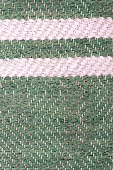 <p>Very Very wide Herringbone in one end and then gradually diminishing until small Herringbone, green mix 417, 416, stripe beige 231; yarn - natural</p>