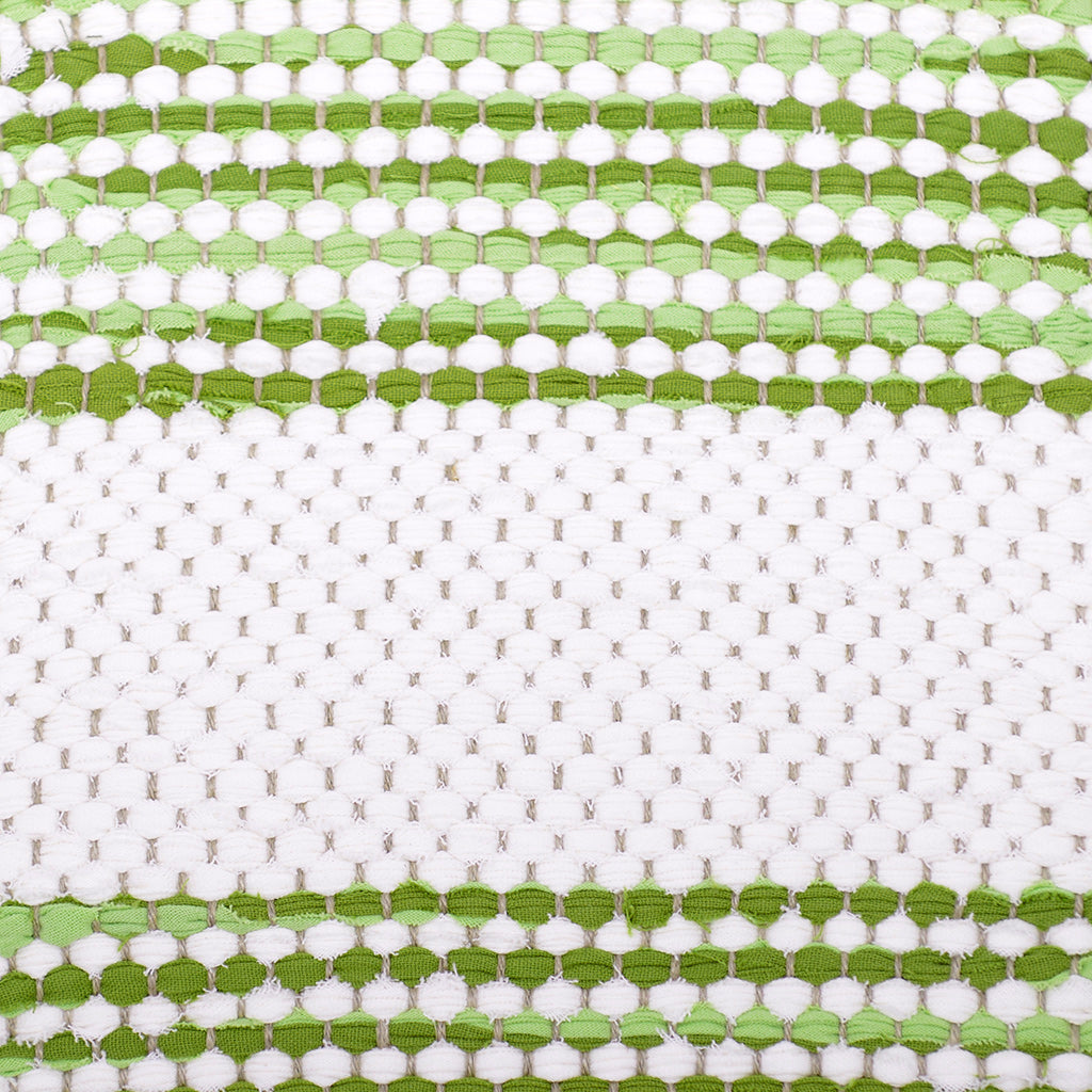 <p>Single Weave Striped, one row - green mix 425, 427, other row - white 101, and white wide stripe 101; natural yarn</p>